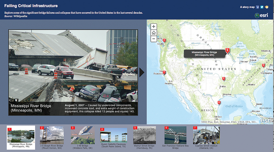 Details of the 2007 Mississippi River Bridge collapse in Minneapolis, Minnesota, are presented in the new Bridge Infrastructure Maps app, along with examples of other bridge collapses. Details of the 2007 Mississippi River Bridge collapse in Minneapolis, Minnesota, are presented in the new Bridge Infrastructure Maps app, along with examples of other bridge collapses.