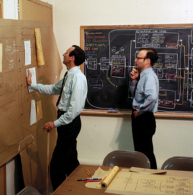 Figure 6. Peter Rogers (left) and Carl Steinitz at the Laboratory for Computer Graphics, Graduate School of Design, Harvard University, in 1967. Photographs of the process of working were taken only rarely, unfortunately.