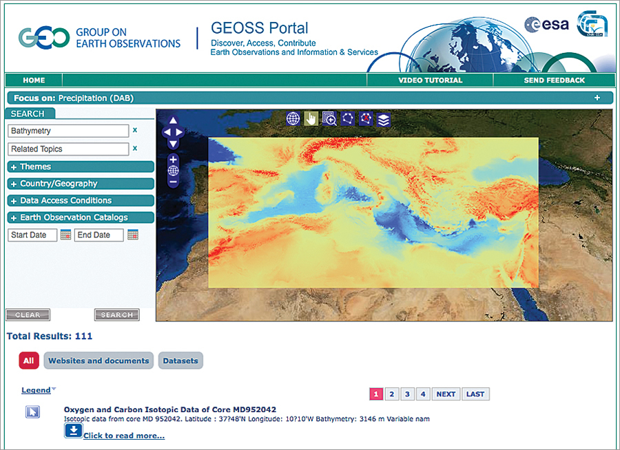 The GEOSS Portal: Here an analyst overlays GEOSS oxygen, carbon, and climate sensor data on Esri's Mediterranean bathymetry to study precipitation.