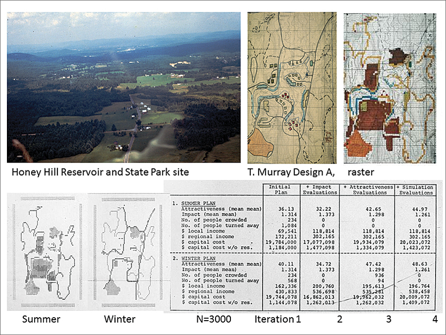 Figure 8. Top left: Aerial view of the site. Top right: Tim Murray's design. Bottom: Assessment of impacts of Murray's design.