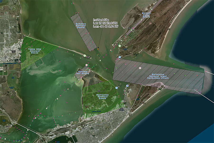 This Texas City "Y" Spill Decontamination map depicts the ship channel impacted by the spill event. Cleanup operations are ongoing inside this area near Galveston, Texas.