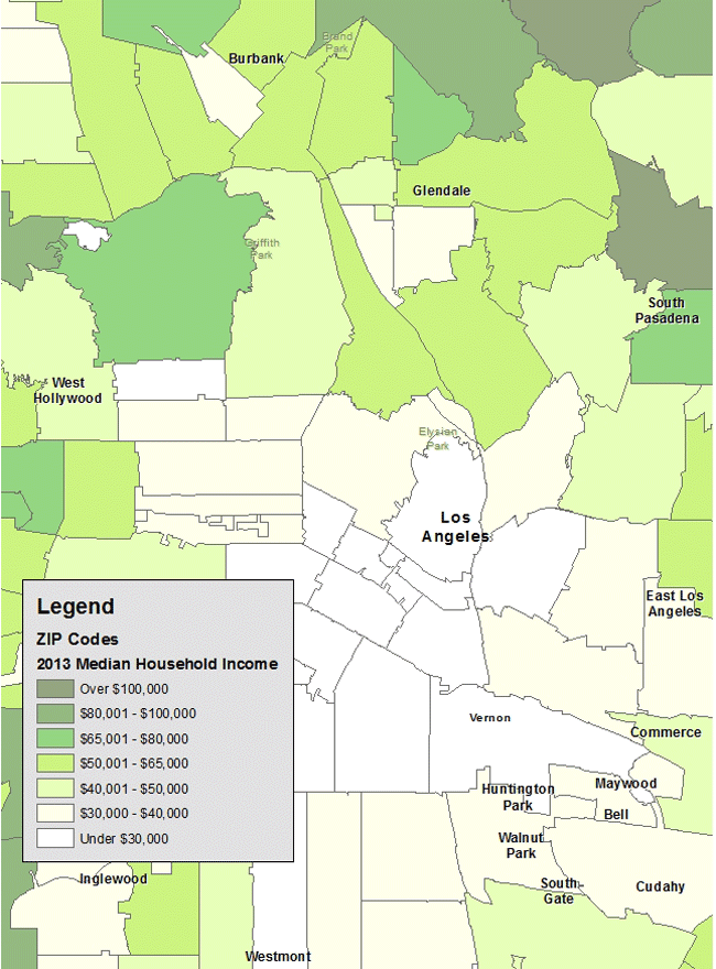 Grameen America maps median household income to determine areas of greatest need for a branch location.