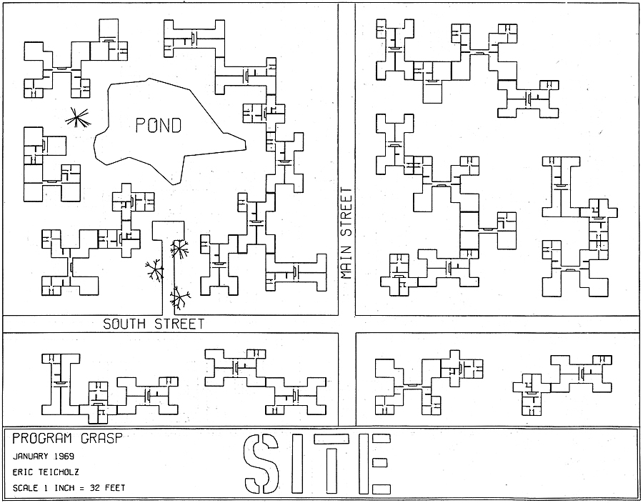Figure 10. Our first experimental computer-generated, rule-based design. (E.Teicholz with C. Steinitz.) Figure 10. Our first experimental computer-generated, rule-based design. (E.Teicholz with C. Steinitz.)