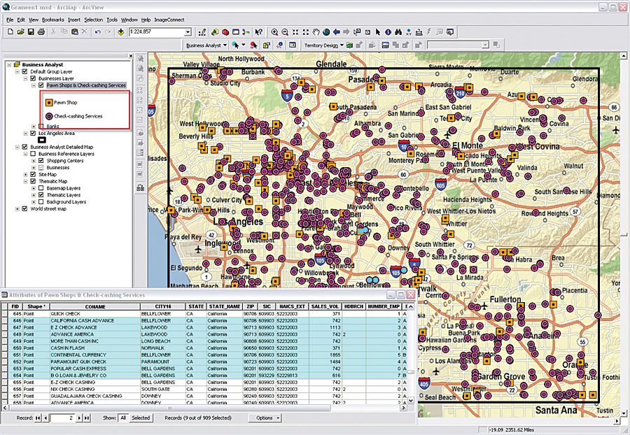 Map of pawnshops and check-cashing services in Los Angeles Metropolitan Service Area.