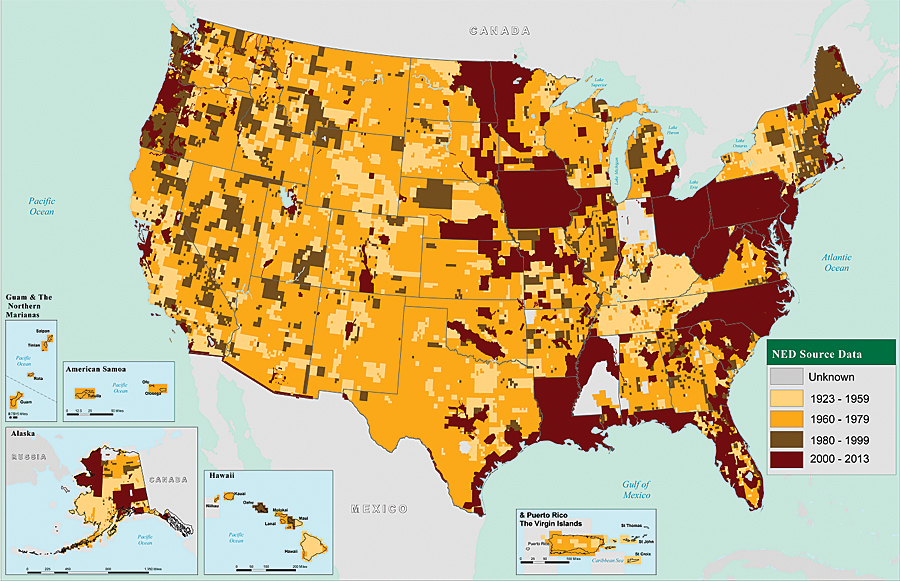 The National Elevation Dataset (NED) is maintained at multiple resolutions for the United States. Generally, digital elevation models (DEMs) are derived from lidar or ifsar (Alaska) data after 2000. DEMs created prior to 2000 are from scanned United States Geological Survey (USGS) topographic map sheet contours. NED status graphic is current as of December 2013.