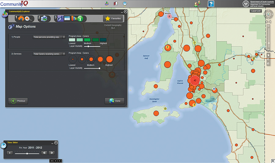 Comparing the number of carers (people who provide unpaid care and assistance), shown as shaded areas, with the number of carers receiving services to aid with assistance, shown as orange circles. This helps to target future services for carers in South Australia. Comparing the number of carers (people who provide unpaid care and assistance), shown as shaded areas, with the number of carers receiving services to aid with assistance, shown as orange circles. This helps to target future services for carers in South Australia.