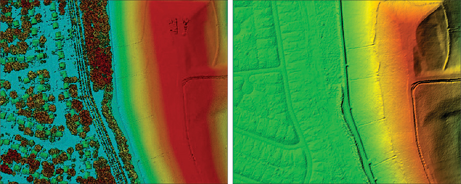 The lidar classified point cloud on the left and digital elevation model (DEM) on the right are of a residential community in Norfolk, Virginia. The trees and homes can clearly be seen in the lidar image. The DEM is of the bare earth with trees and structures removed. The elevation is color coded by elevation, clearly showing the earthen flood control structure in red and the lower elevation residential streets in green. (Images courtesy of Dewberry, Inc.)