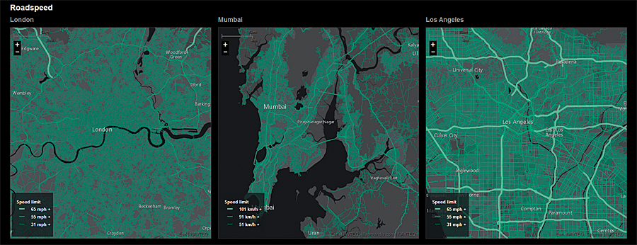 Three cities and three different urban transportation approaches are visible on a simple map of roads depicted by their posted speed limits. Los Angeles (right) has high-speed freeways everyhere, while London (left) keeps them at the periphery, and Mumbai (center) roads address its peninsular location. Three cities and three different urban transportation approaches are visible on a simple map of roads depicted by their posted speed limits. Los Angeles (right) has high-speed freeways everyhere, while London (left) keeps them at the periphery, and Mumbai (center) roads address its peninsular location.