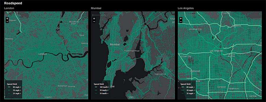 Three cities and three different urban transportation approaches are visible on a simple map of roads depicted by their posted speed limits. Los Angeles (right) has high-speed freeways everyhere, while London (left) keeps them at the periphery, and Mumbai (center) roads address its peninsular location.
