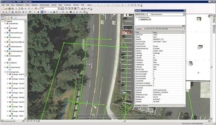 Pierce County Public Works Road Operations uses ArcGIS to manage the county's core assets. Drainage layers can be seen in the image along with attributes.