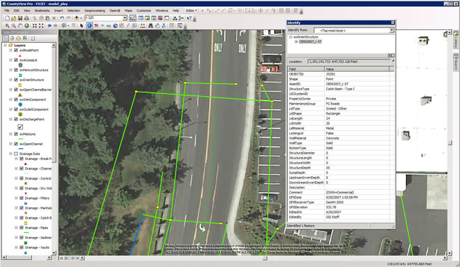 Pierce County Public Works Road Operations uses ArcGIS to manage the county's core assets. Drainage layers can be seen in the image along with attributes. Pierce County Public Works Road Operations uses ArcGIS to manage the county's core assets. Drainage layers can be seen in the image along with attributes.