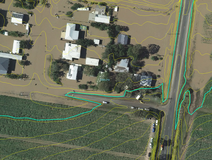 Because flood lines in the vegetation were difficult to see, contour lines were displayed along with imagery to assist in defining them. Because flood lines in the vegetation were difficult to see, contour lines were displayed along with imagery to assist in defining them.
