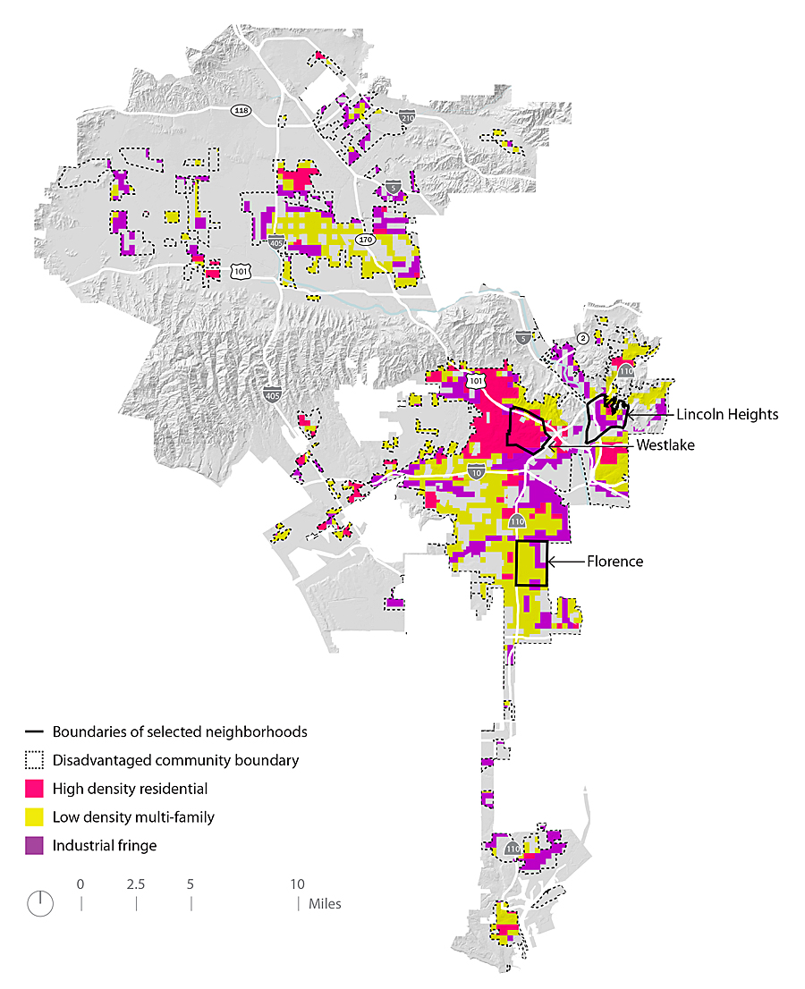 ArcMap, 2000 Census data, and land use data from both Esri and the Southern California Association of Governments (SCAG) were used to identify three areas that were both park-poor and economically disadvantaged (outlined in black) (From Dakotah Bertsch, Michael Boucher, Eran James, and Abby Jones. Red Fields to Green Fields Los Angeles, Pomona: California State Polytechnic University 606 Design Studio, used with permission).