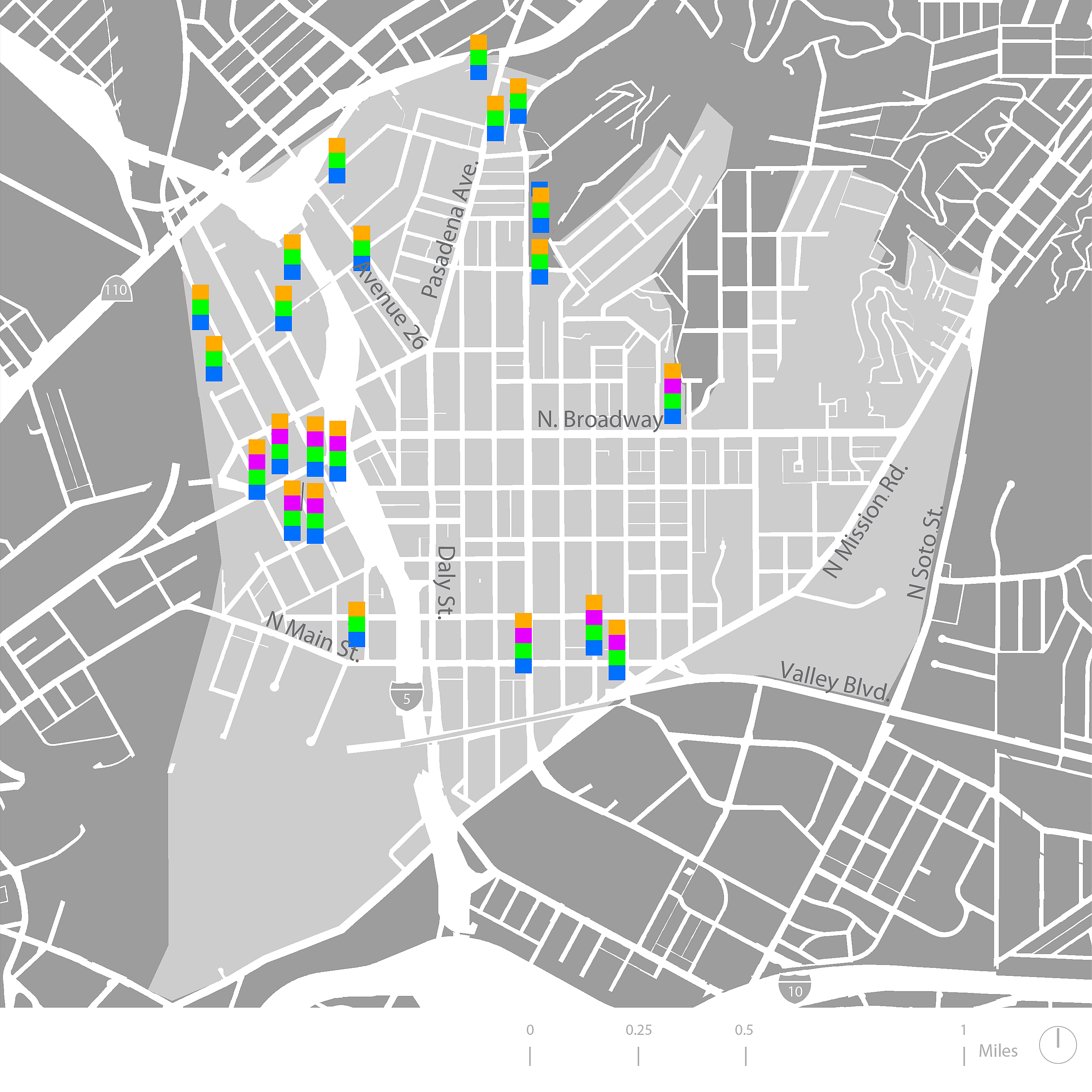 Lincoln Heights aggregated capability bar chart map. (From Dakotah Bertsch, Michael Boucher, Eran James, and Abby Jones. Red Fields to Green Fields Los Angeles, Pomona: California State Polytechnic University 606 Design Studio, used with permission).