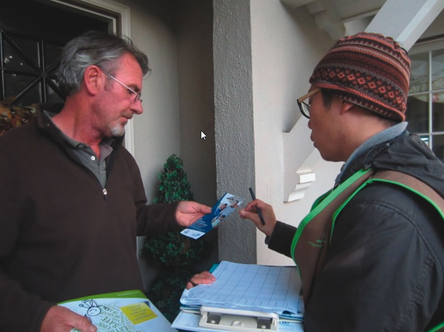 Door-to-door sales staff engaged homeowners by explaining the energy program and providing collateral.