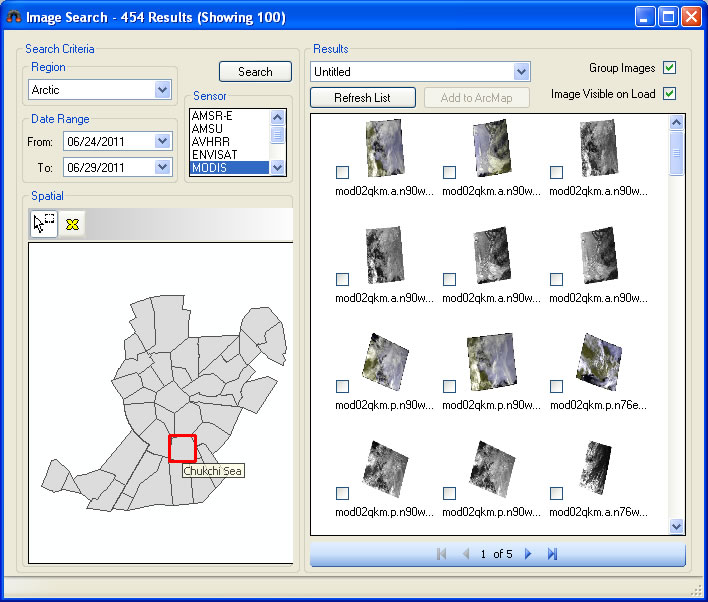 Using the Image Browser utility, the analyst searches by area, date, and sensor to see the available images.