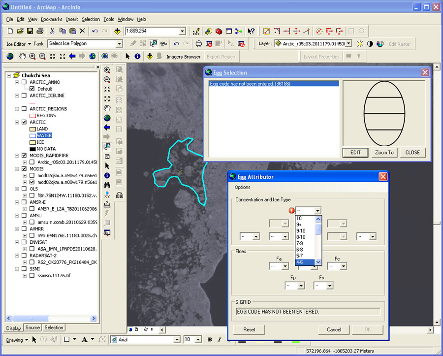 An ice analyst draws a polygon on the MODIS ice image and uses a SIPAS attributing tool to create an egg diagram that describes ice concentration and type.