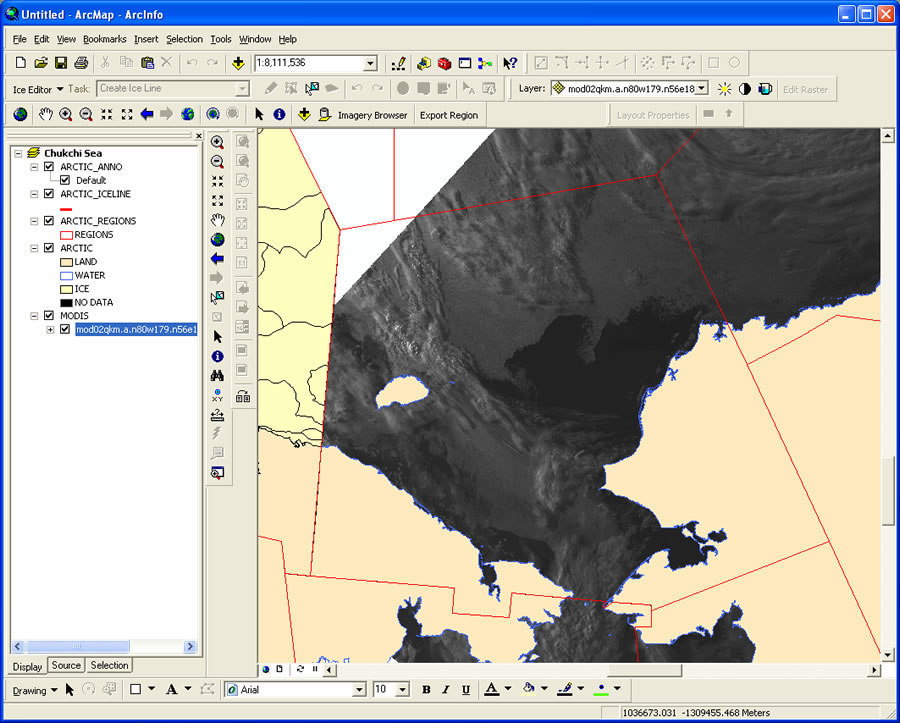 A SIPAS interface makes it possible for the user to load a moderate-resolution imaging spectroradiometer (MODIS) image into GIS and edit this region for the Chukchi Sea. A SIPAS interface makes it possible for the user to load a moderate-resolution imaging spectroradiometer (MODIS) image into GIS and edit this region for the Chukchi Sea.