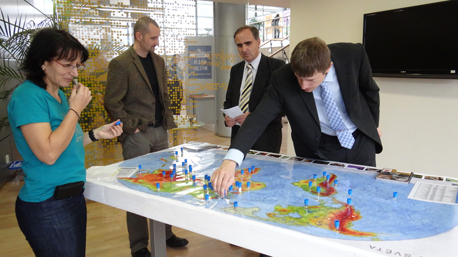 Petr Seidl and Jan Novotný representing the official Esri distributor ARCDATA PRAHA explore the Map of Scents. They are accompanied by David Nejedlo, the director of the Liberec Zoo and Irena Košková, a GIS administrator at the Liberec Region Authority.