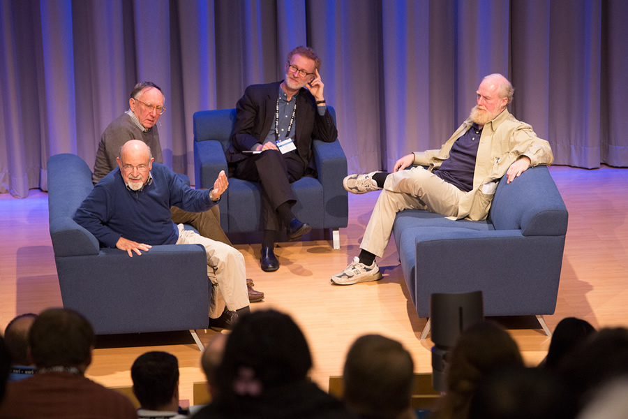 Carl Steinitz (left), Jack Dangermond, Thomas Fisher, and Bran Ferren kick off the Geodesign Summit with a conversation about the merits and drawbacks of a 250-year design plan.