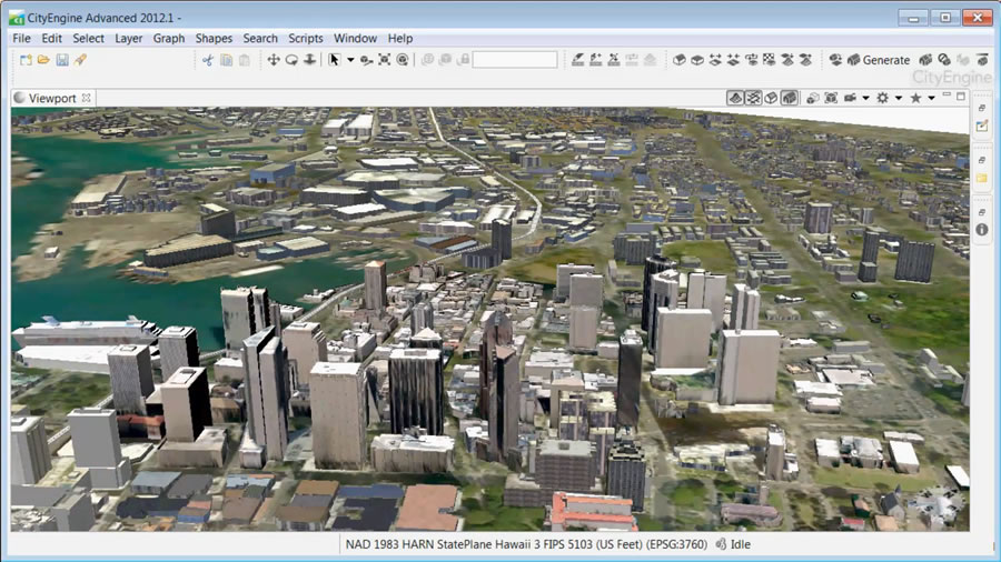 A 3D city model of Honolulu constructed from footprints and some sparse 3D models in Esri CityEngine.