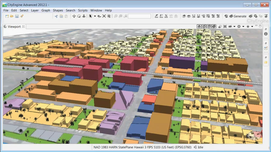 A potential area of densification around a light rail stop, rendered from a 2D zoning change map created in ArcGIS. A potential area of densification around a light rail stop, rendered from a 2D zoning change map created in ArcGIS.