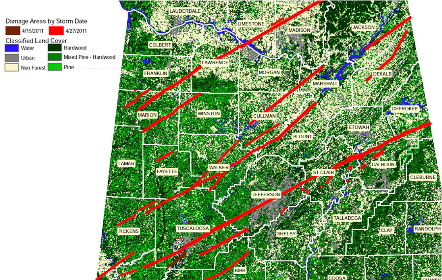 To assess forest types impacted by two tornadoes, a model used tornado path polygons derived from aerial reconnaissance, the National Land Cover Database (NLCD), and parcel data. Data from Esri, AFC, the National Oceanic and Atmospheric Administration National Weather Service (NOAA/NWS), and the US Geological Survey (USGS) was also used.