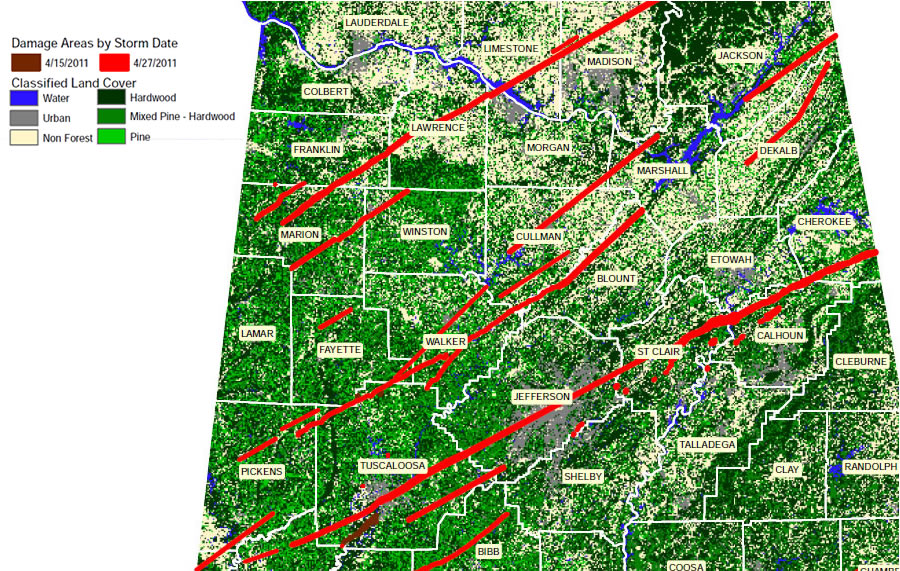 To assess forest types impacted by two tornadoes, a model used tornado path polygons derived from aerial reconnaissance, the National Land Cover Database (NLCD), and parcel data. Data from Esri, AFC, the National Oceanic and Atmospheric Administration National Weather Service (NOAA/NWS), and the US Geological Survey (USGS) was also used. To assess forest types impacted by two tornadoes, a model used tornado path polygons derived from aerial reconnaissance, the National Land Cover Database (NLCD), and parcel data. Data from Esri, AFC, the National Oceanic and Atmospheric Administration National Weather Service (NOAA/NWS), and the US Geological Survey (USGS) was also used.
