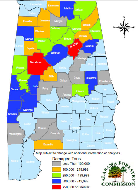The volume of timber damage was calculated for each of the 39 Alabama counties impacted by the tornadoes. The data is from AFC, Esri, National Land Cover Database (NLCD), and USGS.