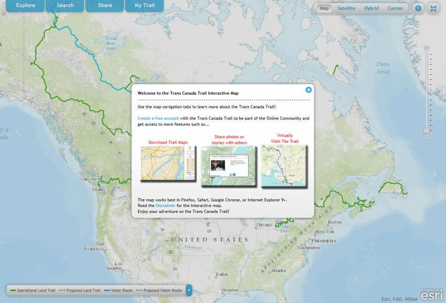 You can download trail maps, plan activities, and share photos and stories using the Trans Canada Trail Interactive Map. You can create virtual hikes, too.