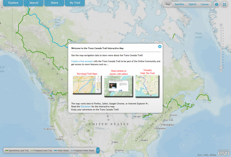 You can download trail maps, plan activities, and share photos and stories using the Trans Canada Trail Interactive Map. You can create virtual hikes, too. You can download trail maps, plan activities, and share photos and stories using the Trans Canada Trail Interactive Map. You can create virtual hikes, too.