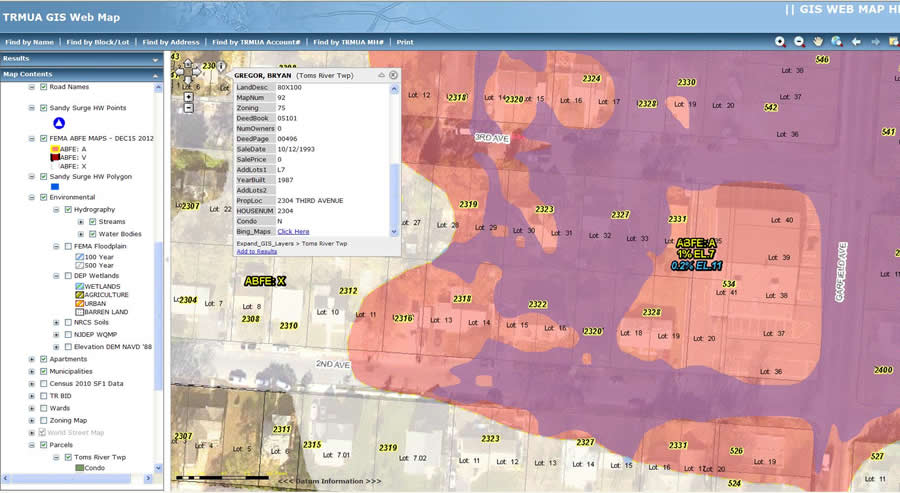 This maps shows the parcels linked to the Ocean County Assessor's database and the FEMA Advisory Base Flood Elevation (ABFE) and Sandy high water marker layers.