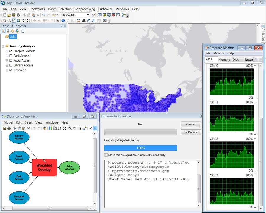 Complex analyses using tools such as Weighted Overlay can now be done faster. Complex analyses using tools such as Weighted Overlay can now be done faster.