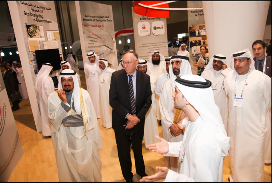 Esri president Jack Dangermond visits the Map Gallery at last year's Esri Middle East and Africa User Conference in Abu Dhabi, United Arab Emirates.