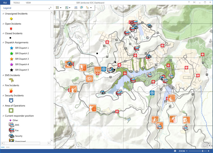 This dashboard shows the location of fire vehicles, ambulances, and first aid stations.