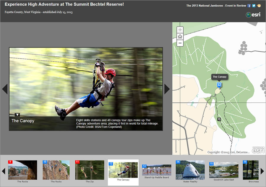 Linden created a story map called Experience Adventure at The Summit Bechtel Reserve using ArcGIS Online. She included photographs and maps of venues, including the skate park, the pools for scuba diving, a sustainability tree house, the zip lines, and a rock-climbing wall.