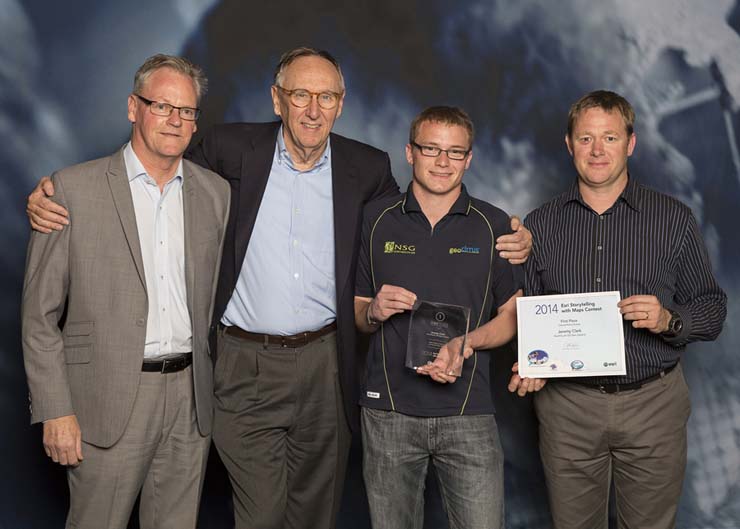 Jeremy Clark from NorthSouth GIS in New Zealand (second from right) joins John Blackburn (left) from the AMM Group, Esri President Jack Dangermond, and Mark Thompson (right) from NorthSouth GIS in New Zealand to celebrate a win in the Storytelling with Maps Contest.