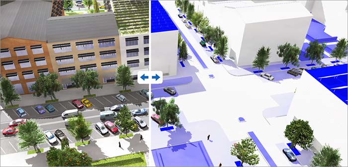 Esri CityEngine makes it possible to simulate entire city designs as well as measure performance against key metrics such as infiltration rates. Esri CityEngine makes it possible to simulate entire city designs as well as measure performance against key metrics such as infiltration rates.