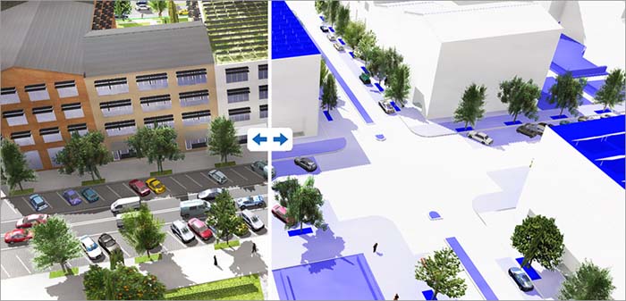 Esri CityEngine makes it possible to simulate entire city designs as well as measure performance against key metrics such as infiltration rates.