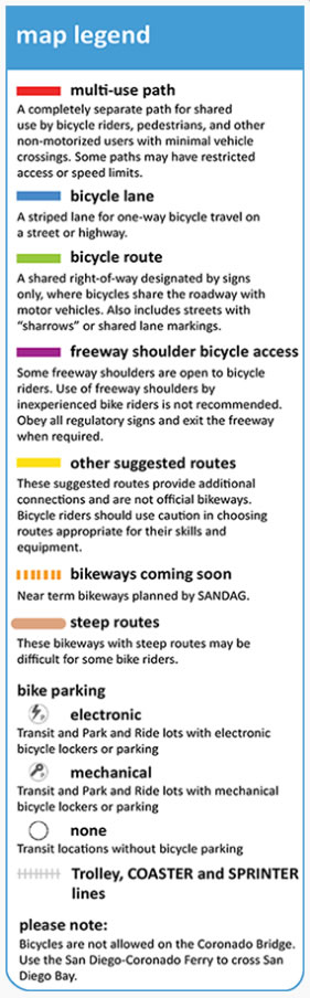 The map's legend gives you all the bike commuting symbols you need to know, including those that denote future bikeways and bike parking locations. The map's legend gives you all the bike commuting symbols you need to know, including those that denote future bikeways and bike parking locations.