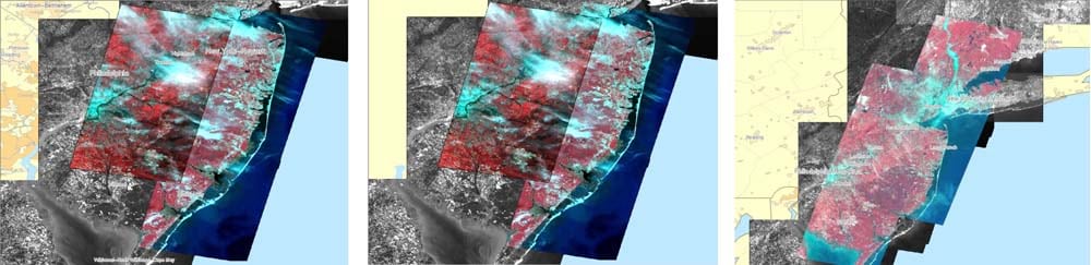 These images show flooding along the Connecticut River after Hurricane Irene. They were mosaicked and exported as a TIFF file in less than 20 minutes using GeoImaging Tools for ArcGIS. © CNES (2010) Distribution Astrium Services/Spot Image S.A., France. All rights reserved.