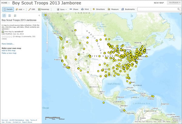 Boy Scouts used this app to search for their hometowns and add the community and information such as their troop numbers to the map.