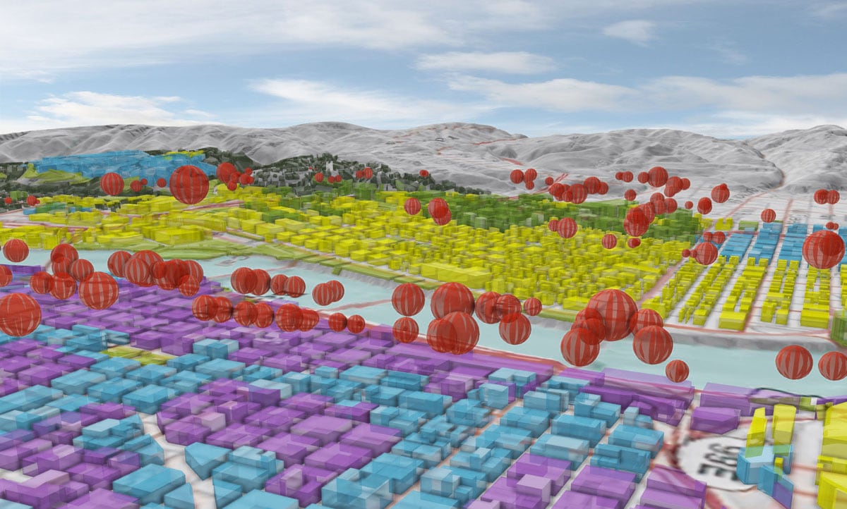 The balloons of varying sizes indicate the blocks with the most development potential in Portland, Oregon.