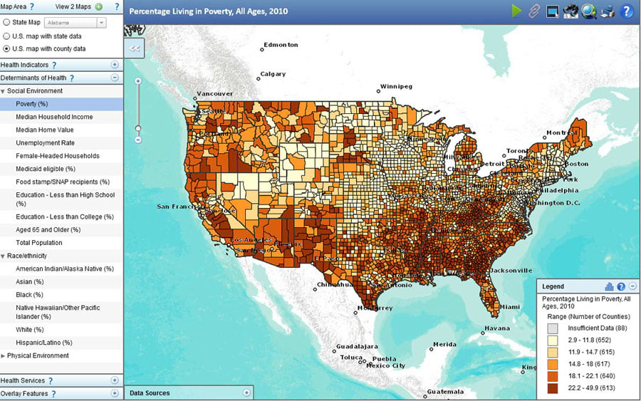 You can view a wide range of mapped data using the online Atlas of Heart Disease and Stroke application, including percentages of people living in poverty in the United States.