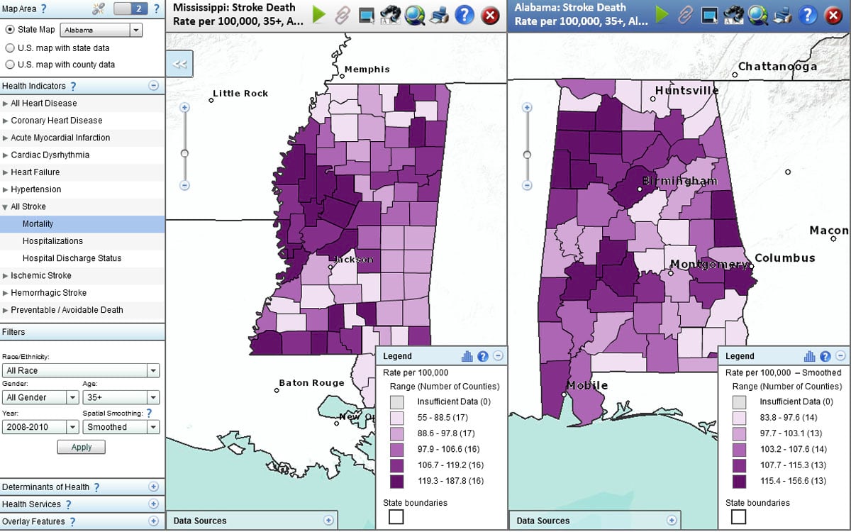 You can compare, side by side, the stroke death rates by county in two states.