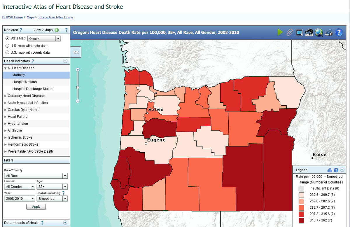 You can compare, side by side, the stroke death rates by county in two states.