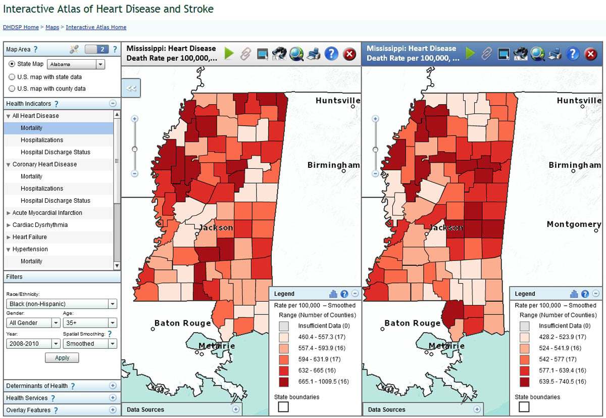 Viewers can compare heart disease death rates by ethnic group. These two maps compare heart disease death rates for white men over the age of age 35 (left) and heart disease rates for black, non-Hispanic men over the age of 35 (right) in Mississippi.