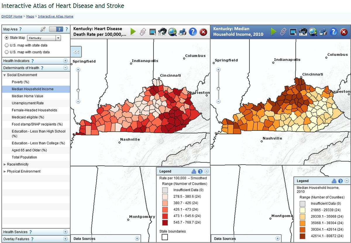 Using the atlas, you can compare data such as the heart disease death rate in Kentucky and the median household income by county. Are death rates higher in counties where the median household income is lower?
