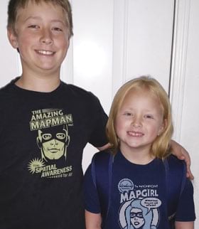 Cameron and Brooklyn Conner versed in geography wear their Esri T-shirts