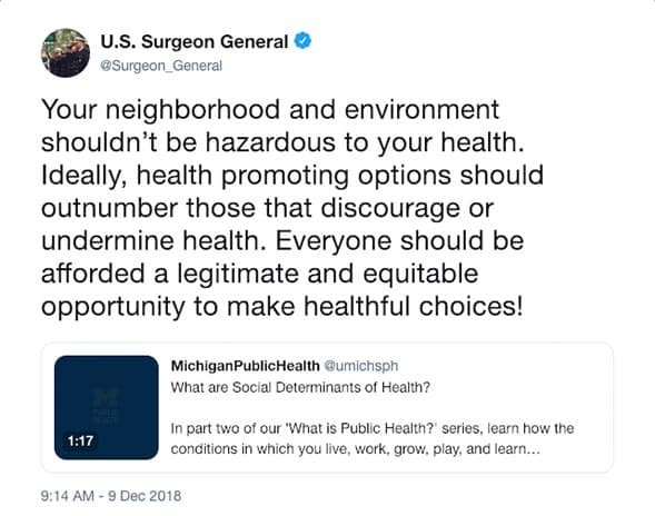 Surgeon General's tweet on health and location Surgeon General's tweet on health and location